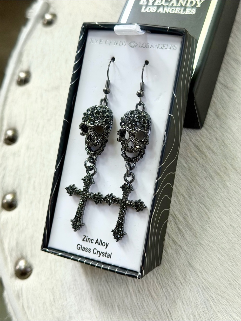 Eye Candy Skull Cross Dangle Earrings 3” Gunmetal Crystal Halloween Goth Pave